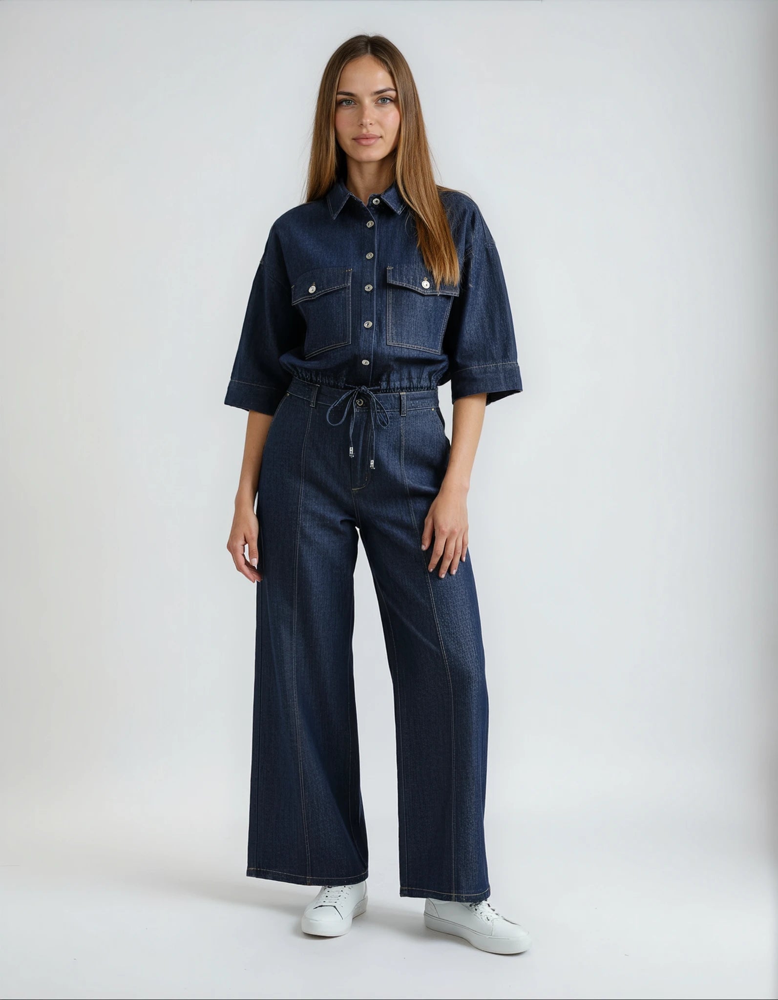 RENATA – סט דנים אלגנטי עם קשירת מותן ומכנס רחב