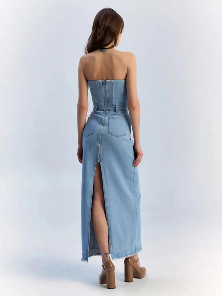 MILA – שמלת סטרפלס ג’ינס עם מחשוף לב וגזרה מחטבת