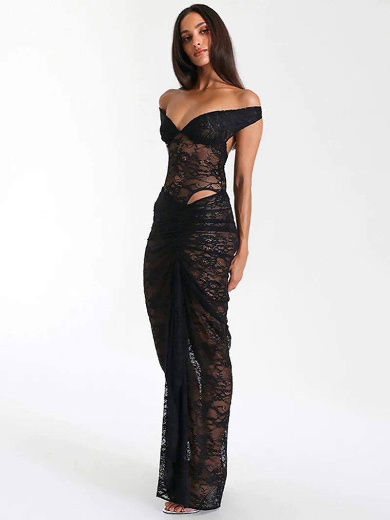 GEFEN – סט תחרה שקוף עם כתפיים חשופות וחצאית נשפכת