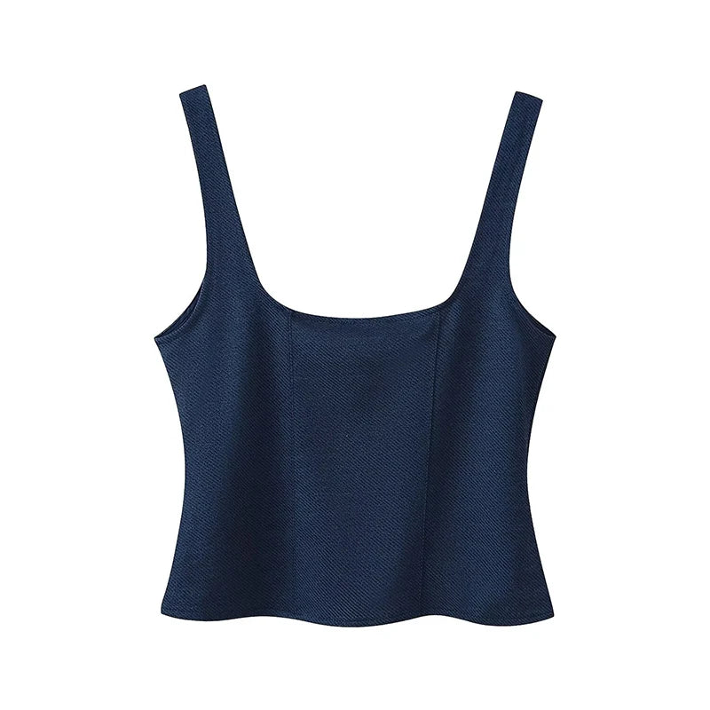 NOELLE – טופ מחויט עם כתפיות וכפתורים בכחול נייבי