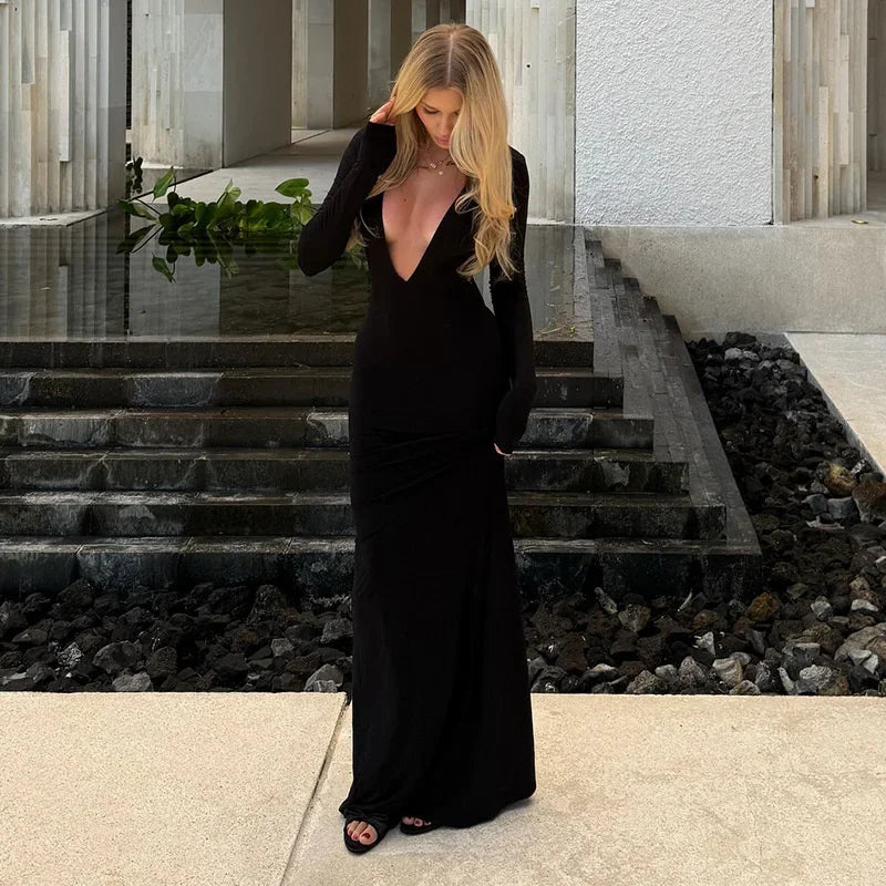 HOPE - שמלת מקסי מחשוף V עמוק שרוול ארוך שקופה