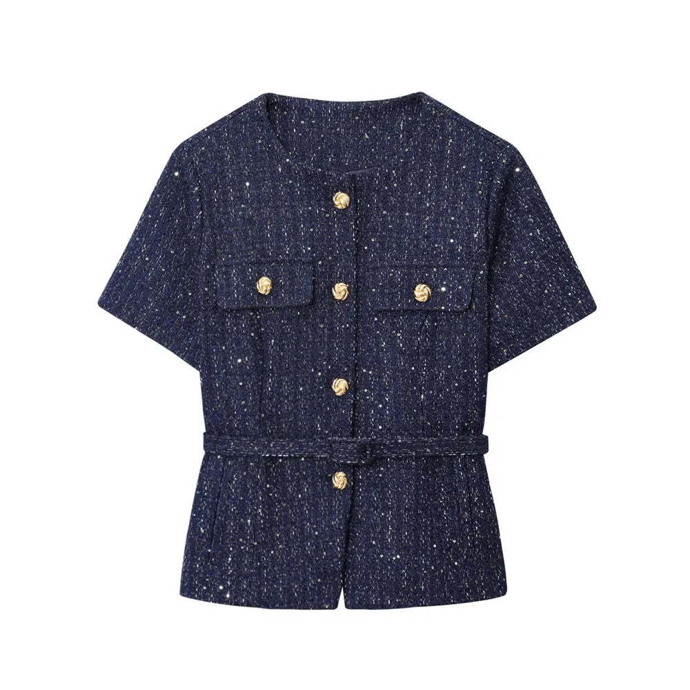 LUMI – חולצה אלגנטית עם חגורה וכפתורים זהב בכחול נייבי