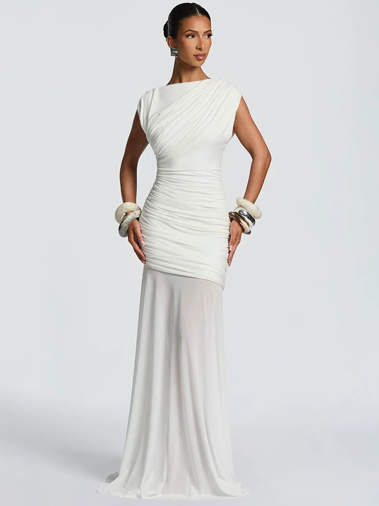 FREYA - שמלת מקסי קפלים פאצ'ים מש ללא שרוולים