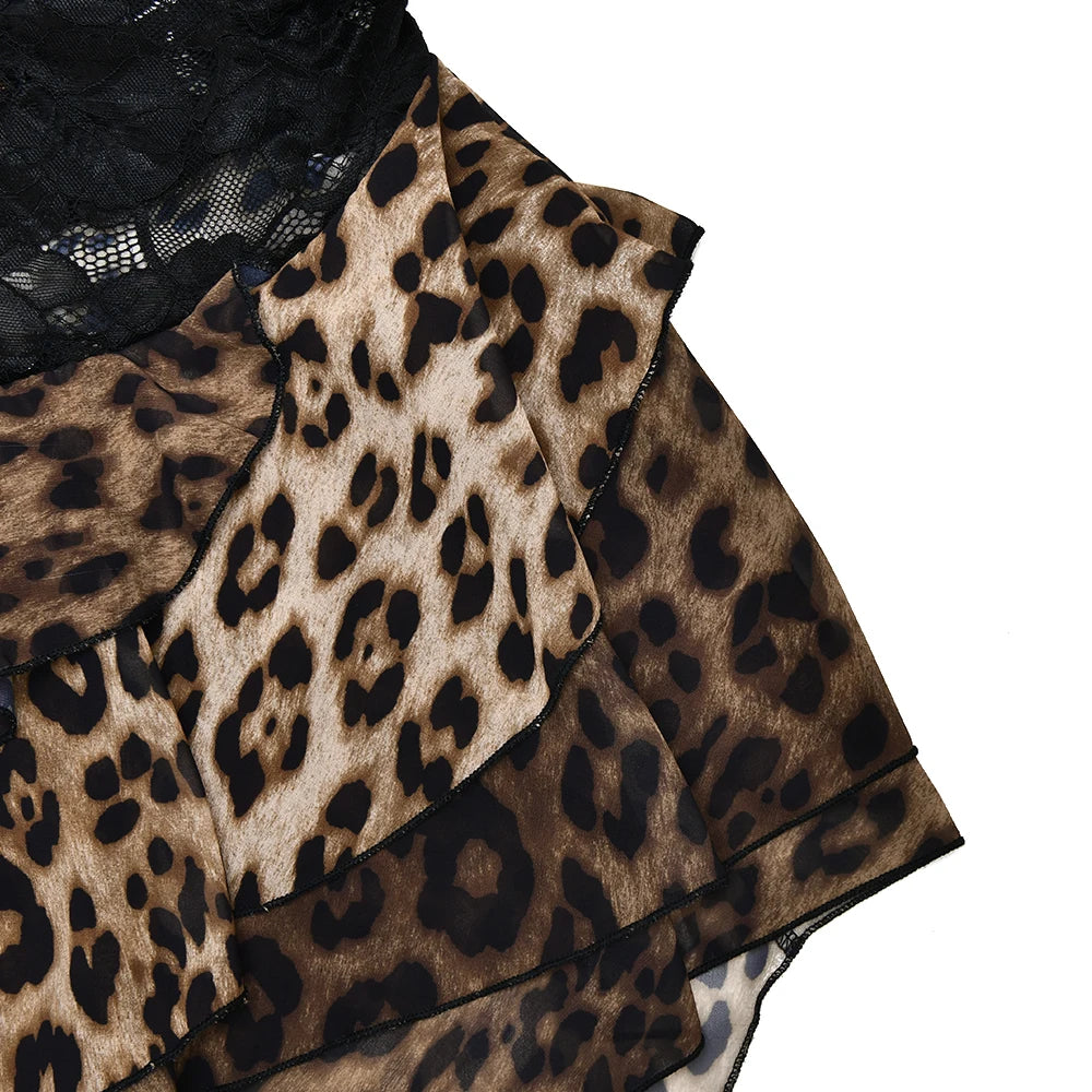 HAZE - שמלת מקסי כתף אחת תחרה ונמר