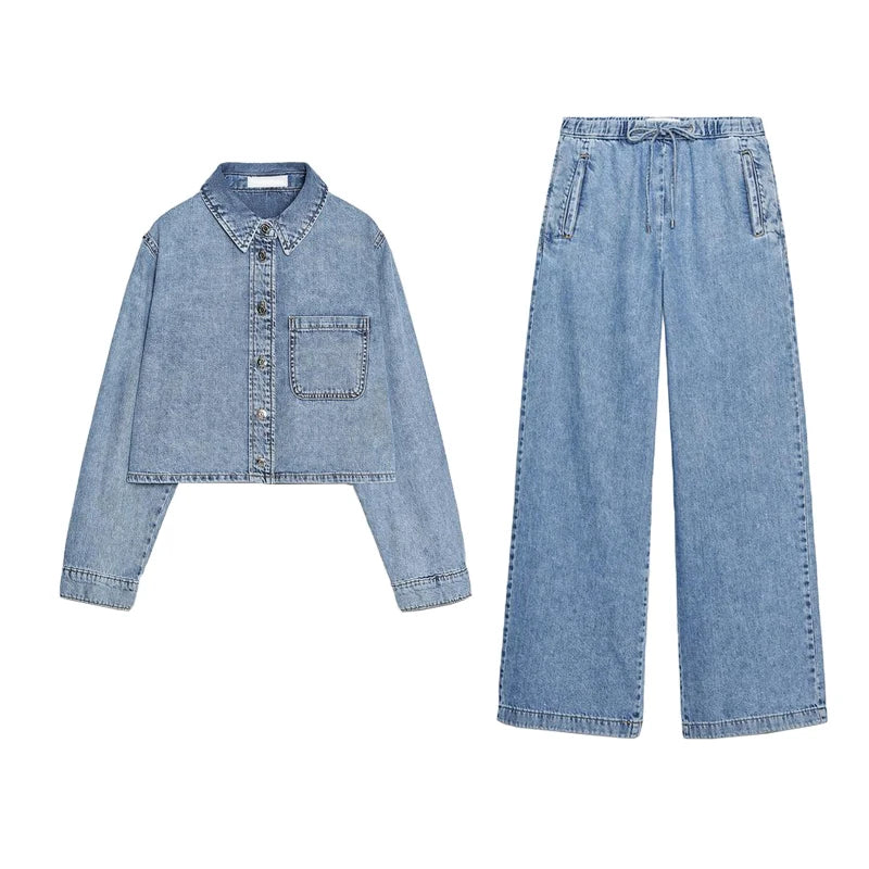 IVORY - סט ג'ינס ג'קט ומכנסיים רחבים