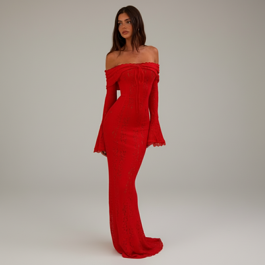 LUCIA – שמלת מקסי תחרה עם כתפיים חשופות וגב פתוח