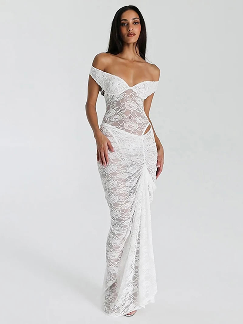 GEFEN – סט תחרה שקוף עם כתפיים חשופות וחצאית נשפכת