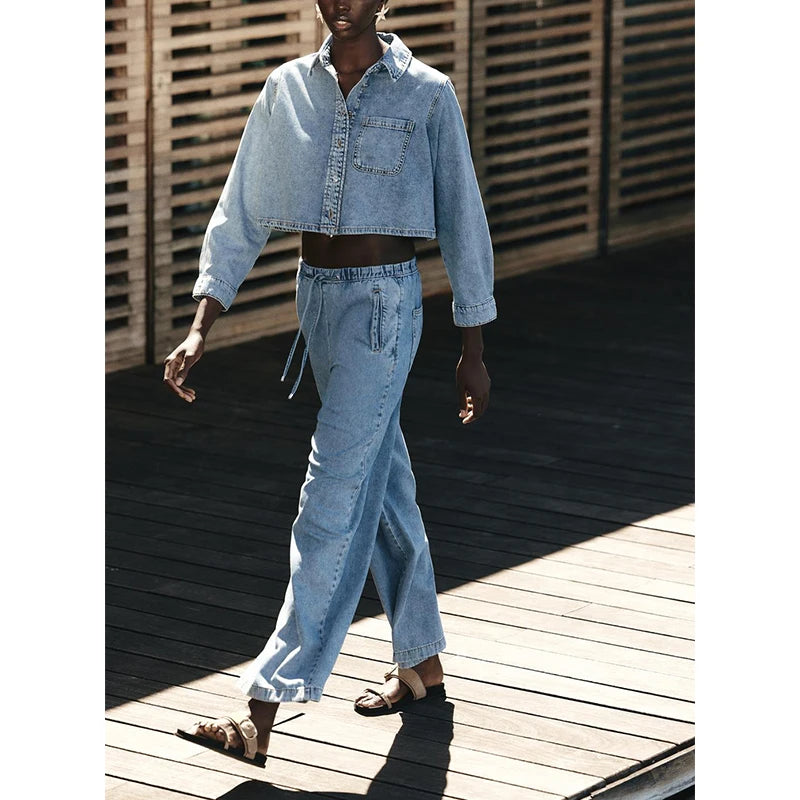 IVORY - סט ג'ינס ג'קט ומכנסיים רחבים