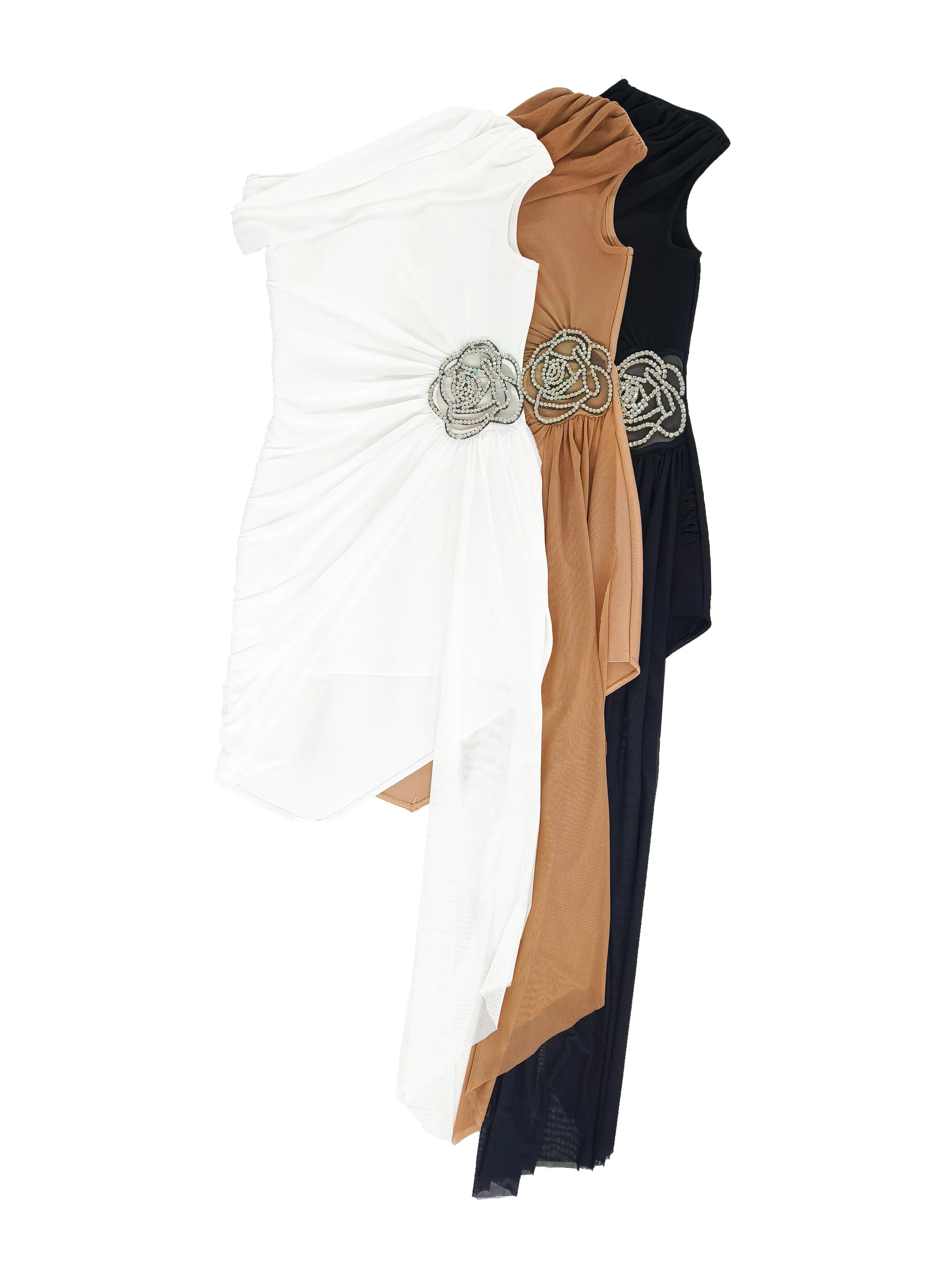 VEGA - שמלת בנדג' מיני כתף אחת פרח יהלום