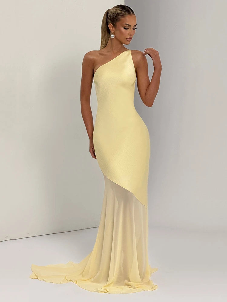 OLIVE - שמלת סאטן מקסי כתף אחת