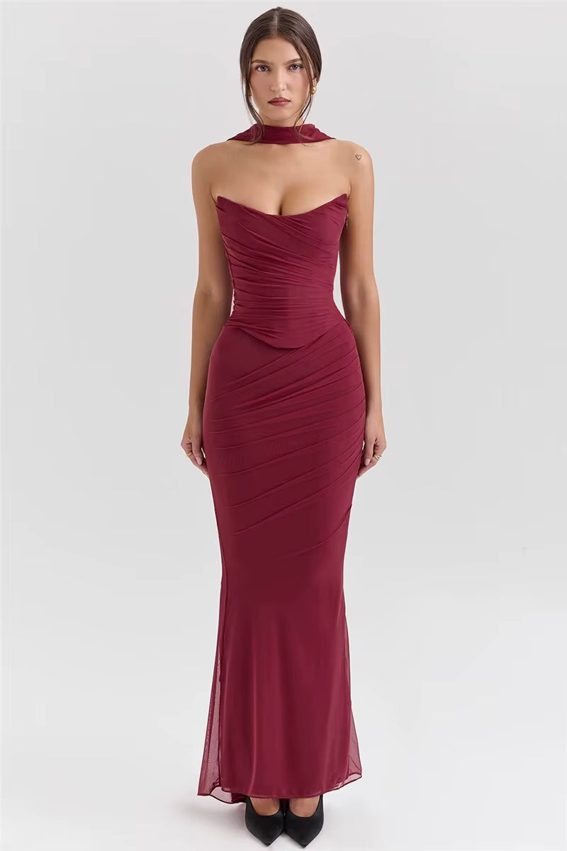 GAL - סט טופ סטרפלס קצר וחצאית מקסי עם צעיף דקורטיבי