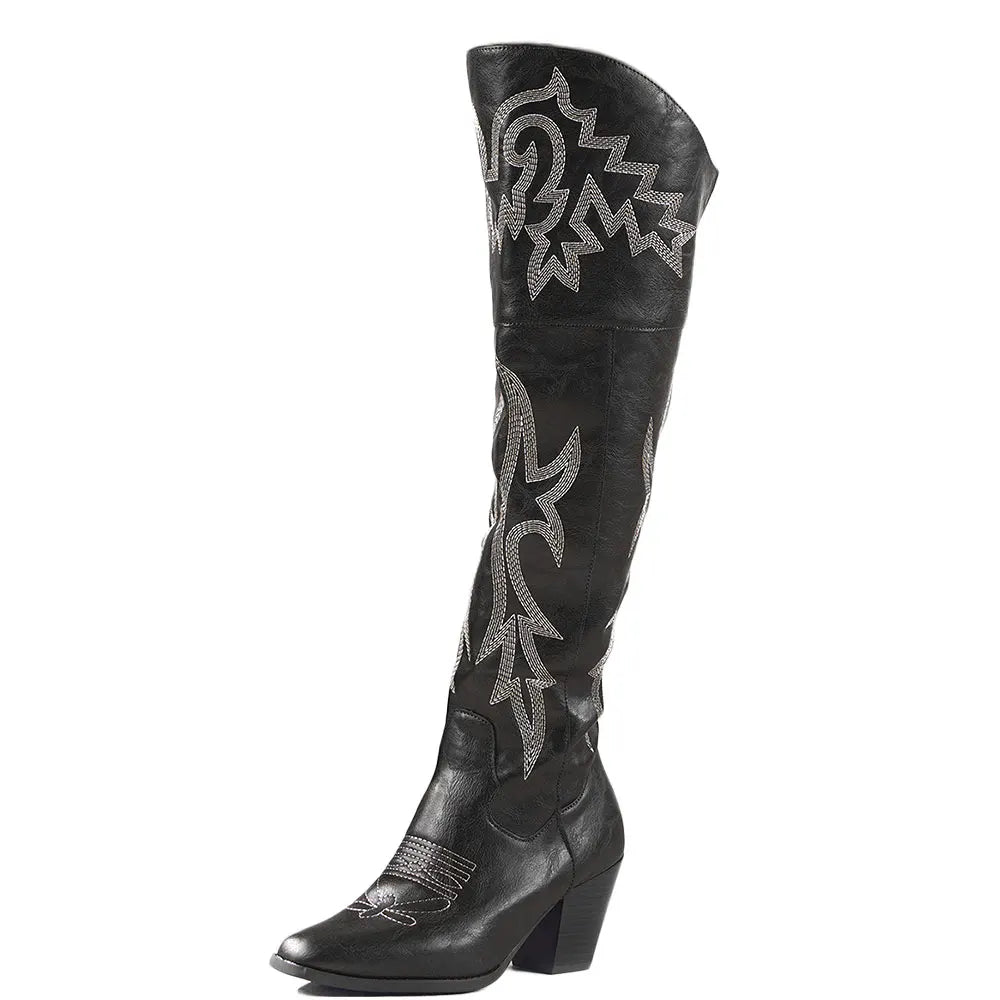 BLAZE - מגפי קאובוי מעל הברך עם רקמה עקב גבוה
