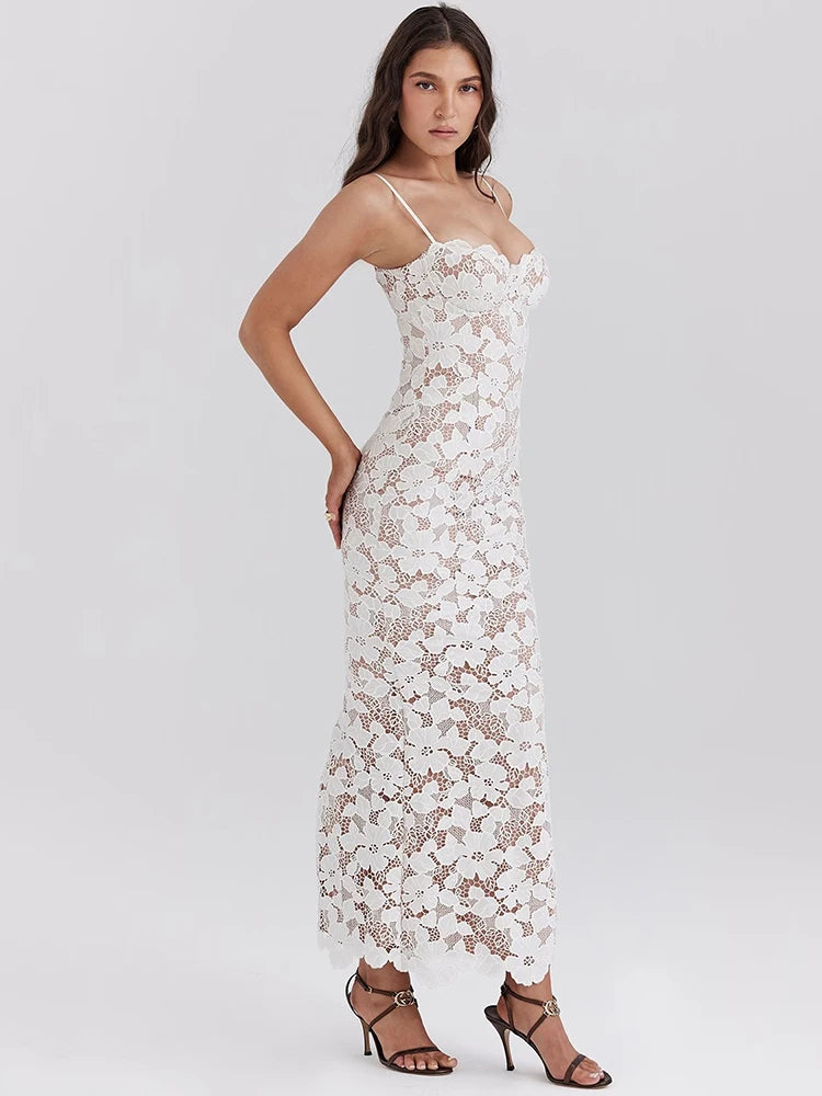 ANITA - שמלת תחרה פרחונית מקסי גב חשוף