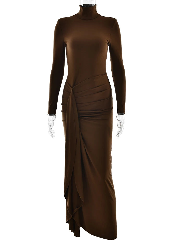 LANE - שמלת מקסי שסע גבוה בנדאז' צווארון גולף שרוול ארוך