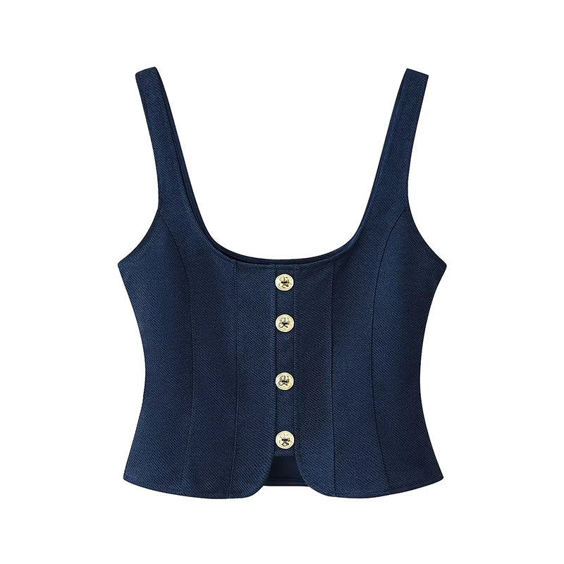 NOELLE – טופ מחויט עם כתפיות וכפתורים בכחול נייבי