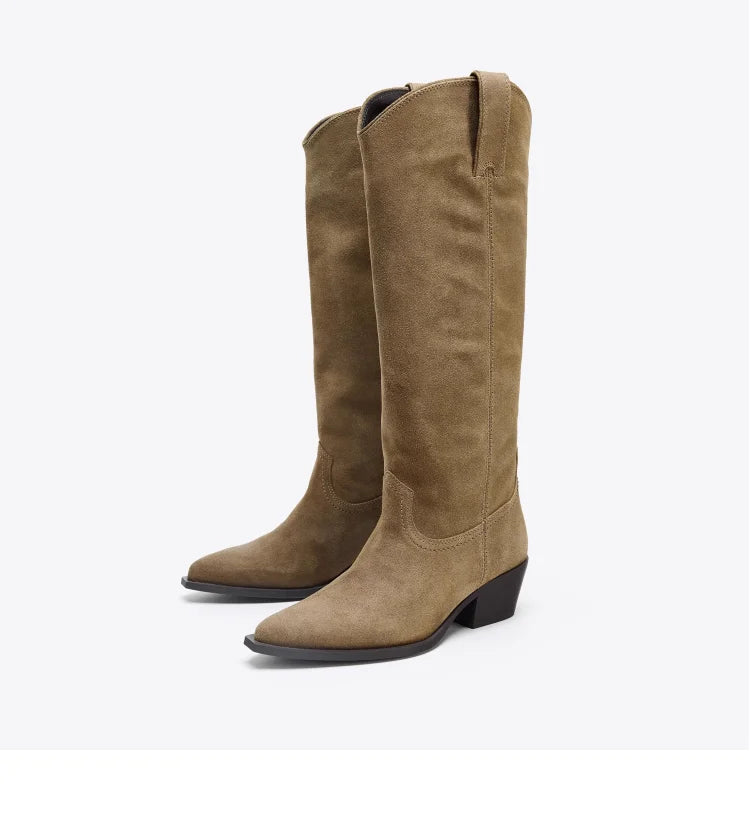 EDGE - מגפי קאובוי זמש עקב עבה בוהן מחודדת