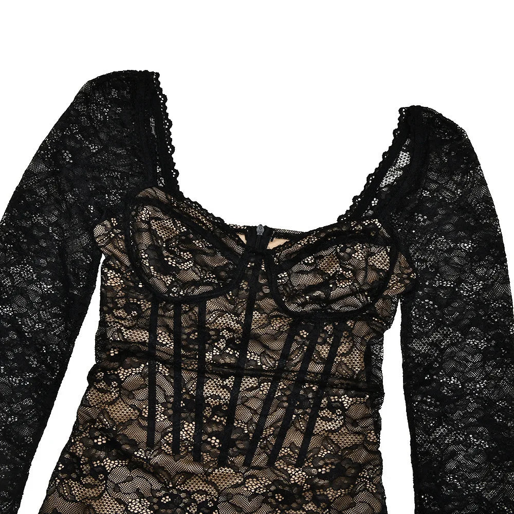 TERRA - שמלת תחרה מיני שרוולים ארוכים