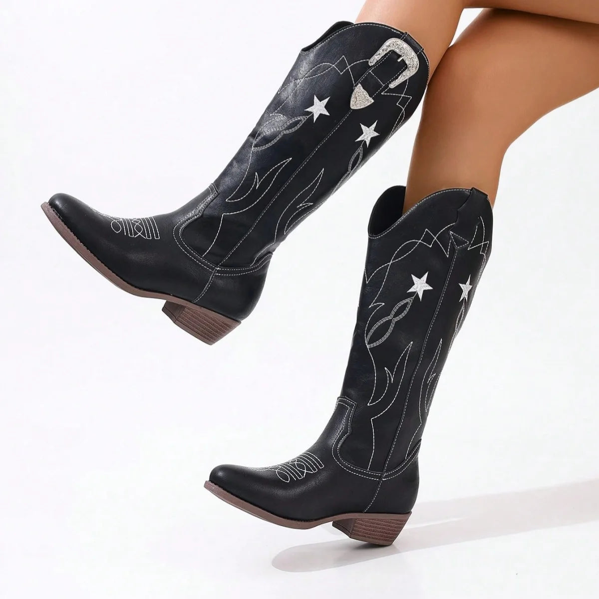 MILAN - מגפי ווסטרן רקמת כוכבים בוהן עגולה