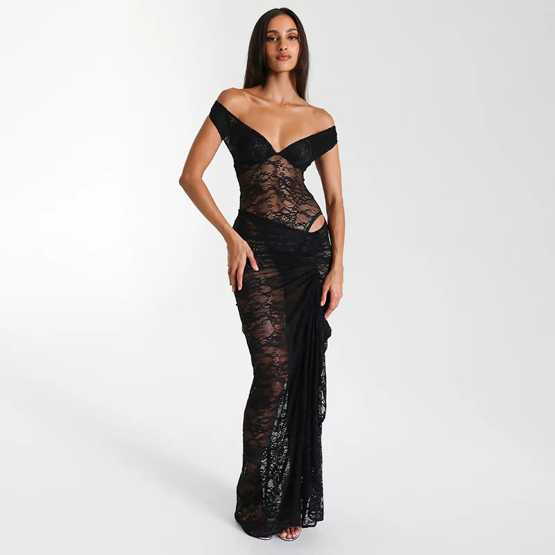 GEFEN – סט תחרה שקוף עם כתפיים חשופות וחצאית נשפכת