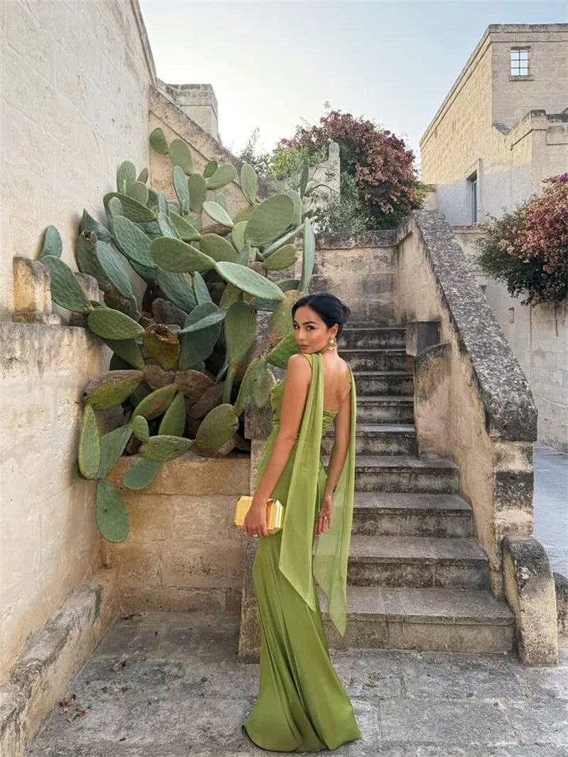 FLORA - שמלת סאטן מקסי גב חשוף שרוולים נופלים