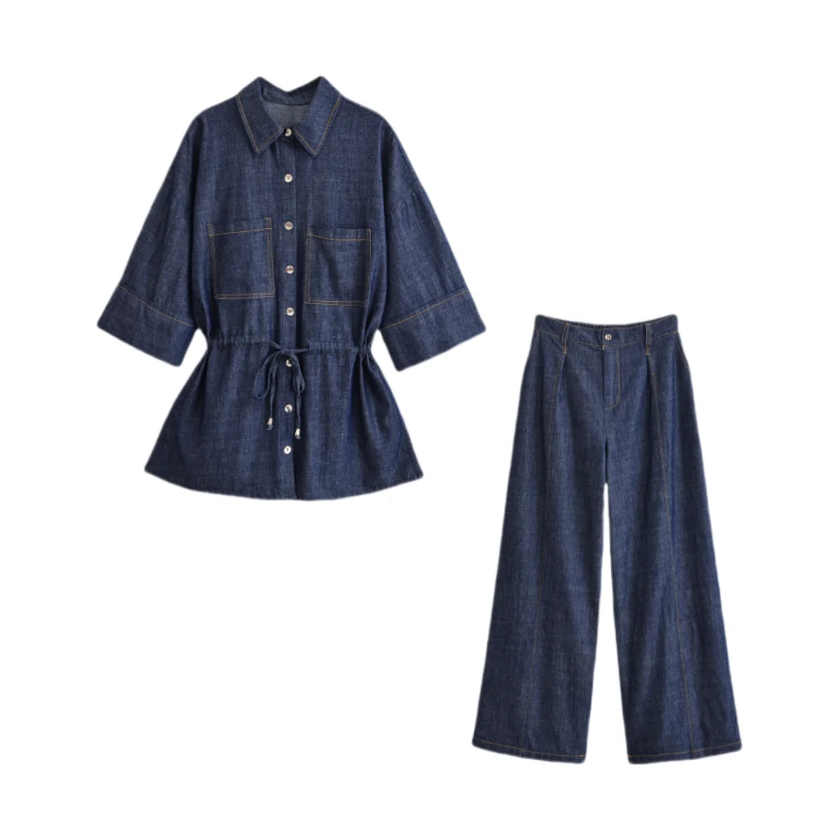 RENATA – סט דנים אלגנטי עם קשירת מותן ומכנס רחב