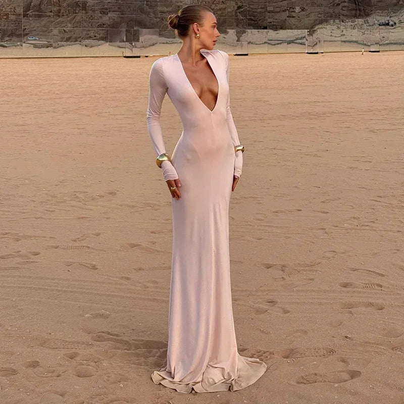 HOPE - שמלת מקסי מחשוף V עמוק שרוול ארוך שקופה