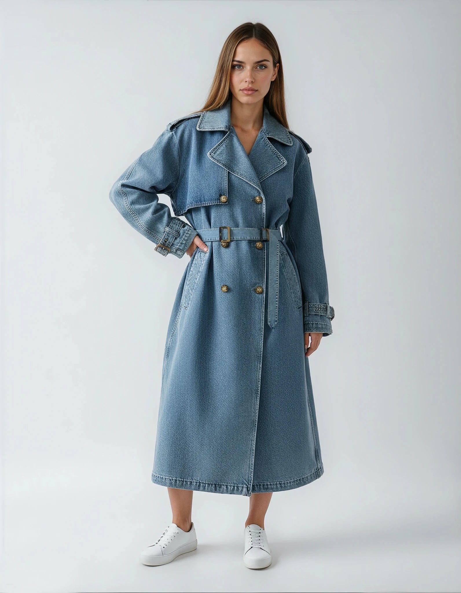 VITTORIA – מעיל ג׳ינס ארוך בגזרת טרנץ׳ עם חגורה