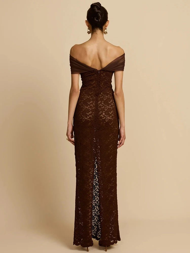 KEIRA - שמלת ערב מקסי אוף שולדר עם תחרה