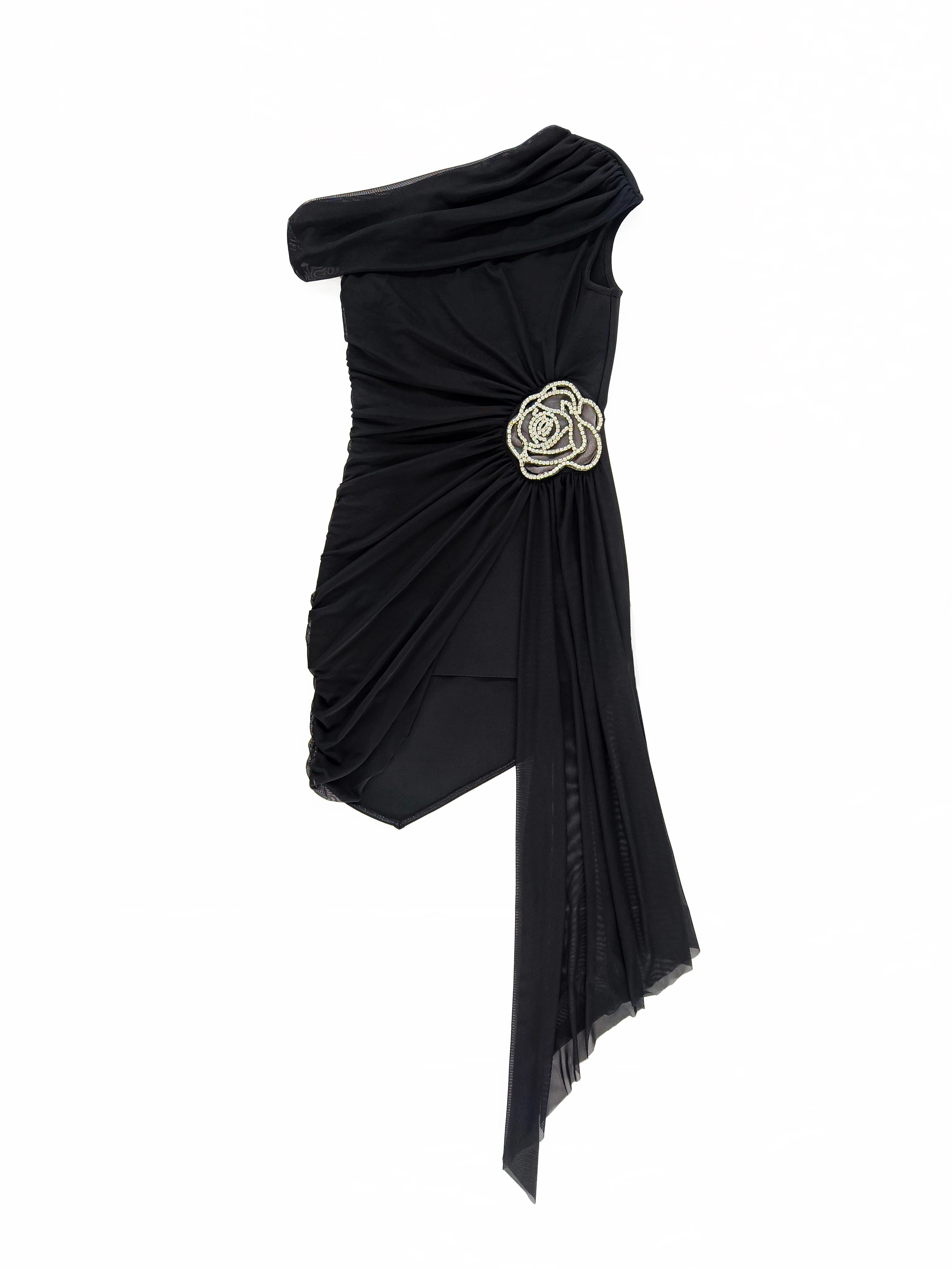 VEGA - שמלת בנדג' מיני כתף אחת פרח יהלום