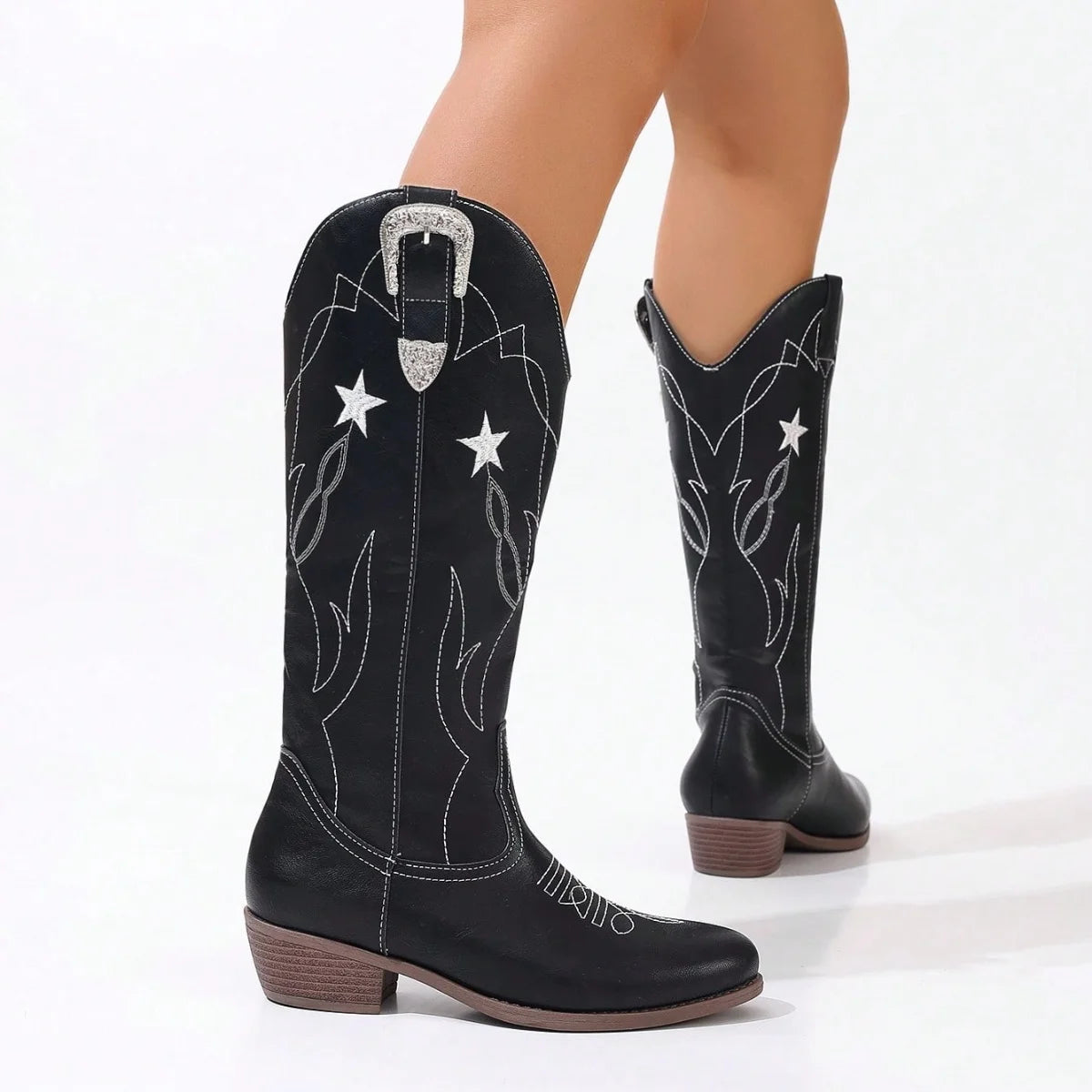 MILAN - מגפי ווסטרן רקמת כוכבים בוהן עגולה