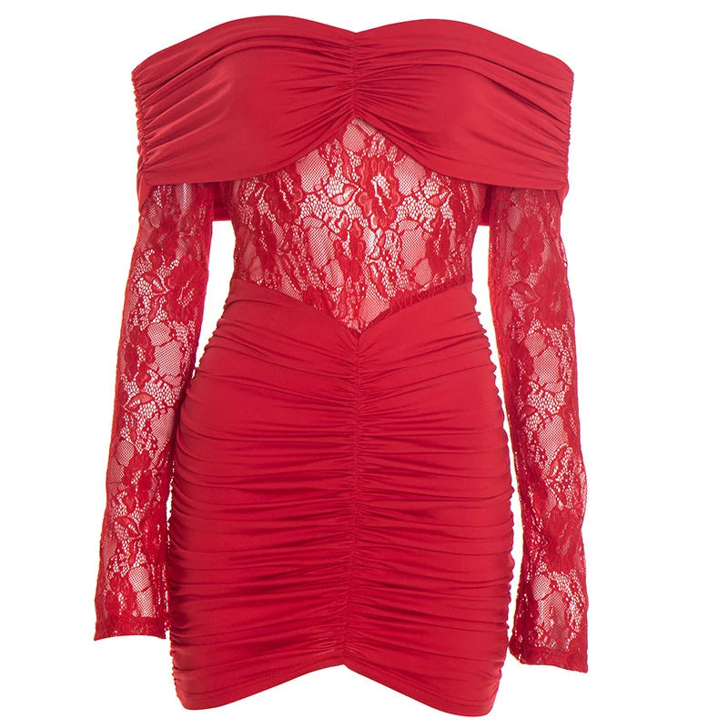 EMBER - שמלת ערב מיני אוף שולדר עם תחרה