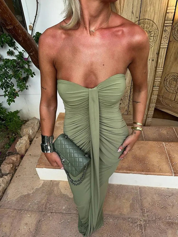 DEMI - שמלת מקסי סטרפלס דרייפ גב חשוף