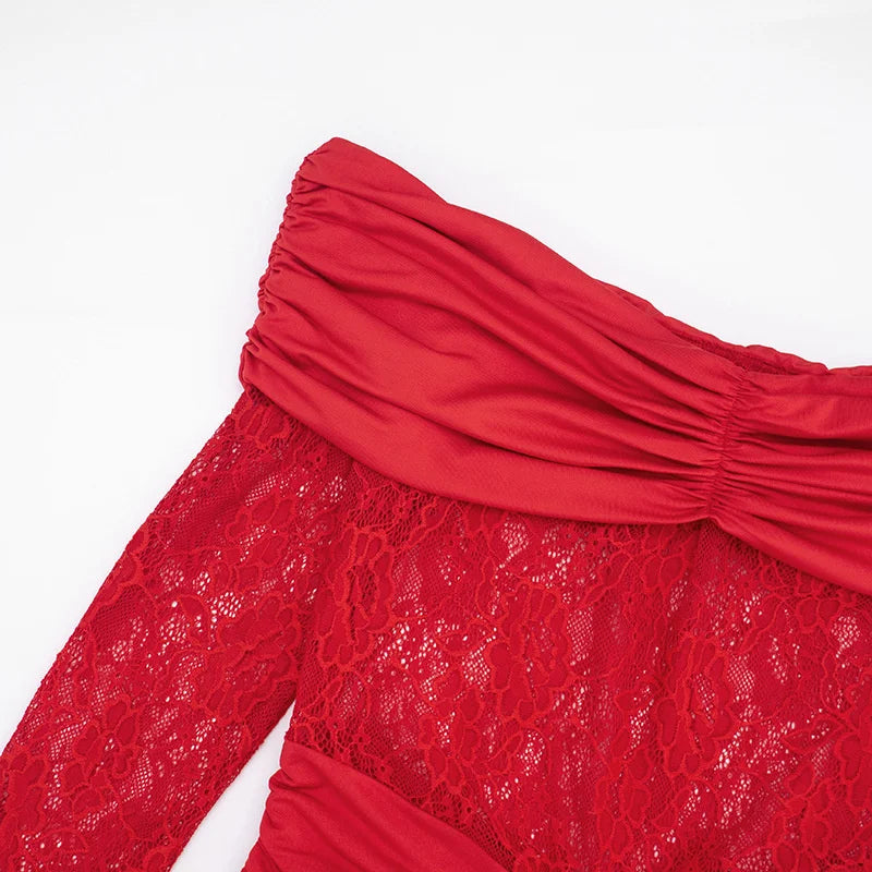 EMBER - שמלת ערב מיני אוף שולדר עם תחרה