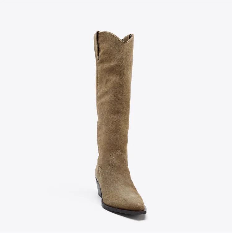 EDGE - מגפי קאובוי זמש עקב עבה בוהן מחודדת