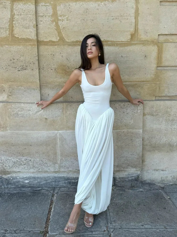 MONACO - שמלת מידי פליסה א-סימטרית כתפיות מותן גבוה