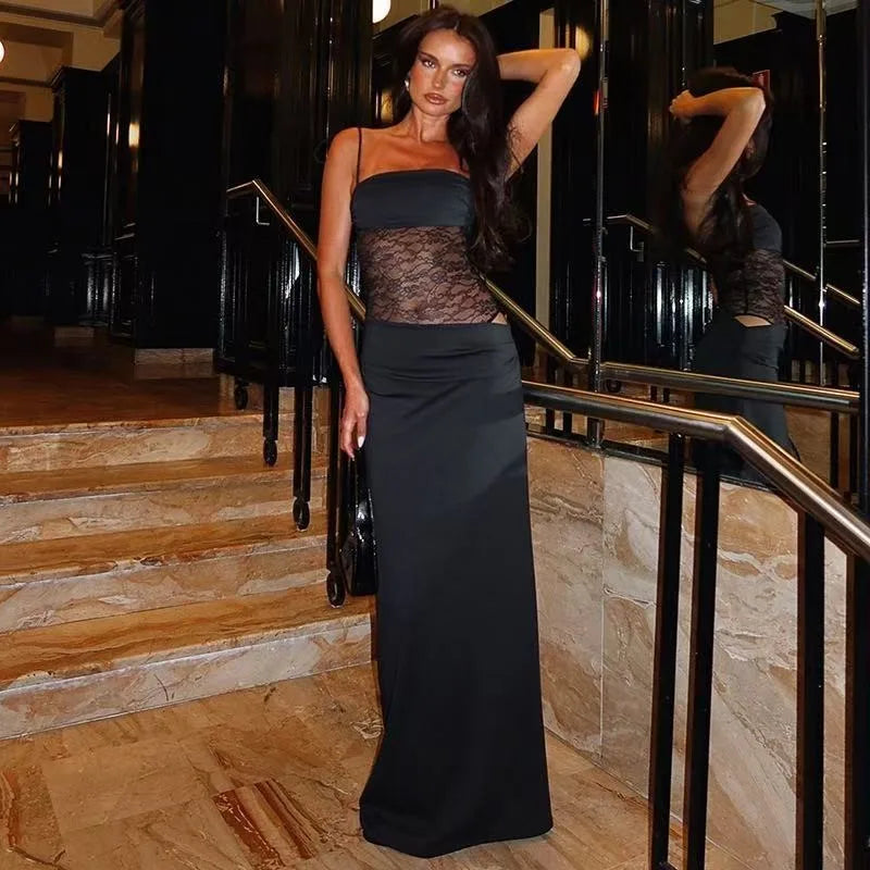 EVE - שמלת תחרה מקסי גב חשוף קשירה