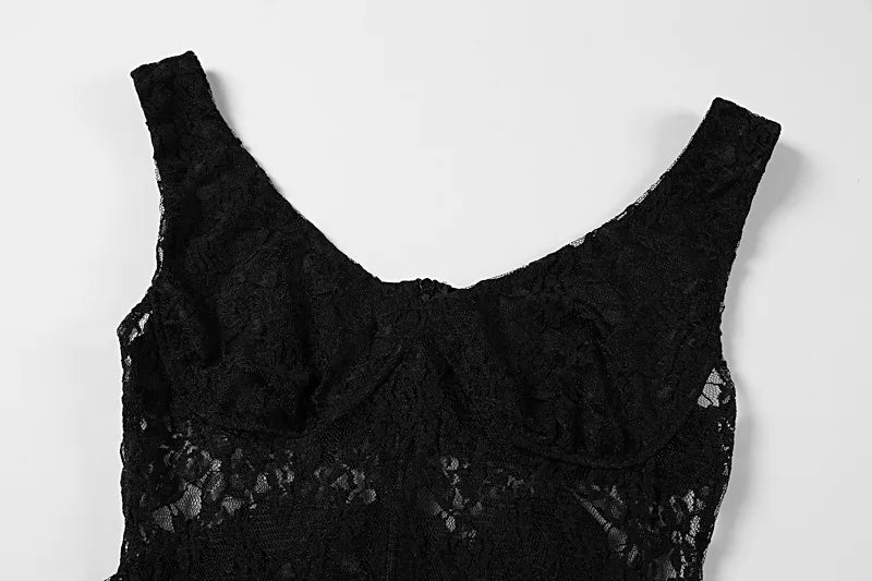 LAKE - שמלת מידי תחרה שקופה כתפיות שסע