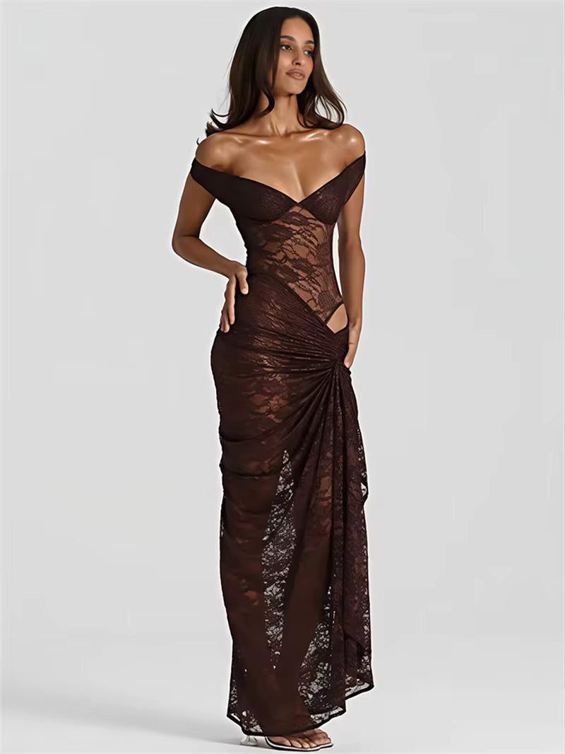 GEFEN – סט תחרה שקוף עם כתפיים חשופות וחצאית נשפכת