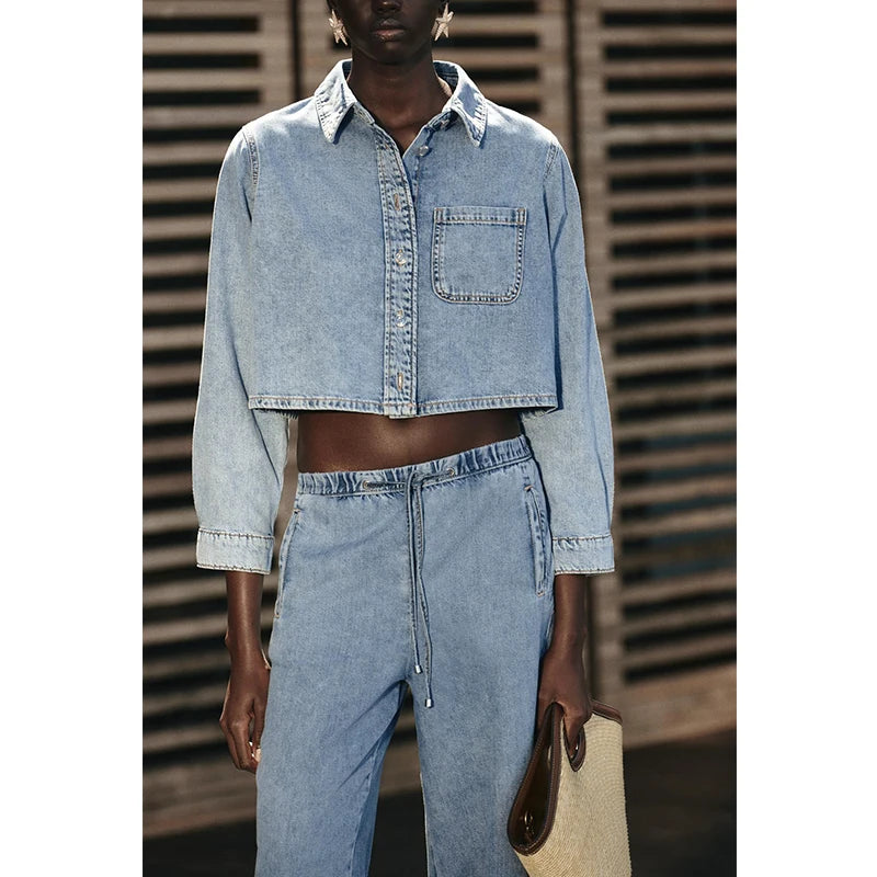 IVORY - סט ג'ינס ג'קט ומכנסיים רחבים