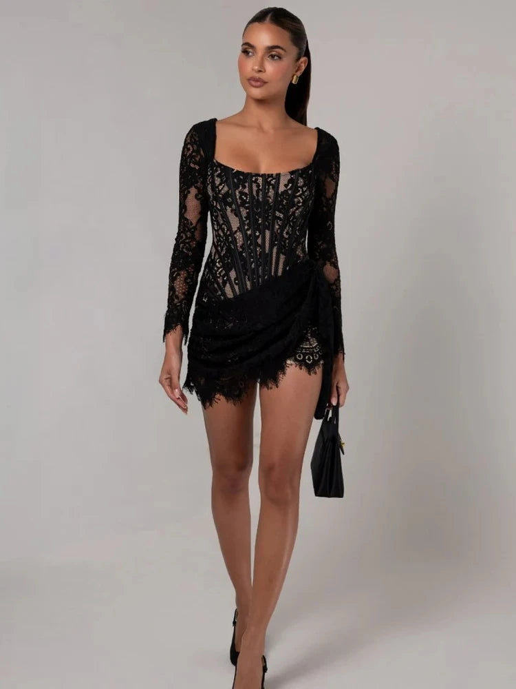 CLOUD - שמלת תחרה מיני קורסט שרוולים ארוכים