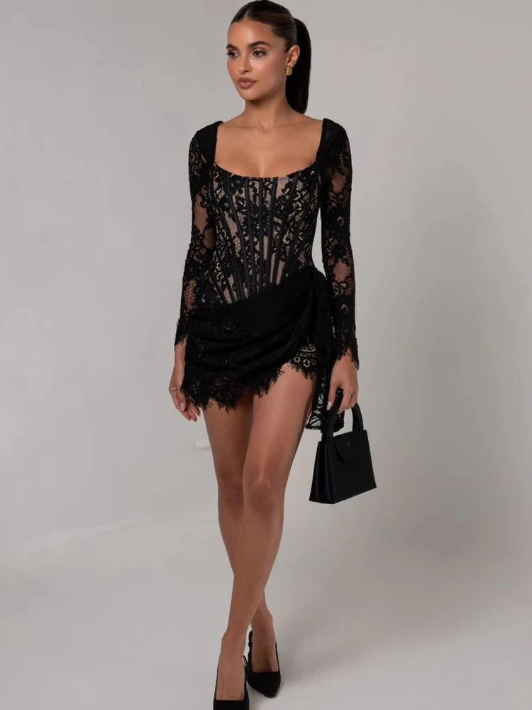 CLOUD - שמלת תחרה מיני קורסט שרוולים ארוכים