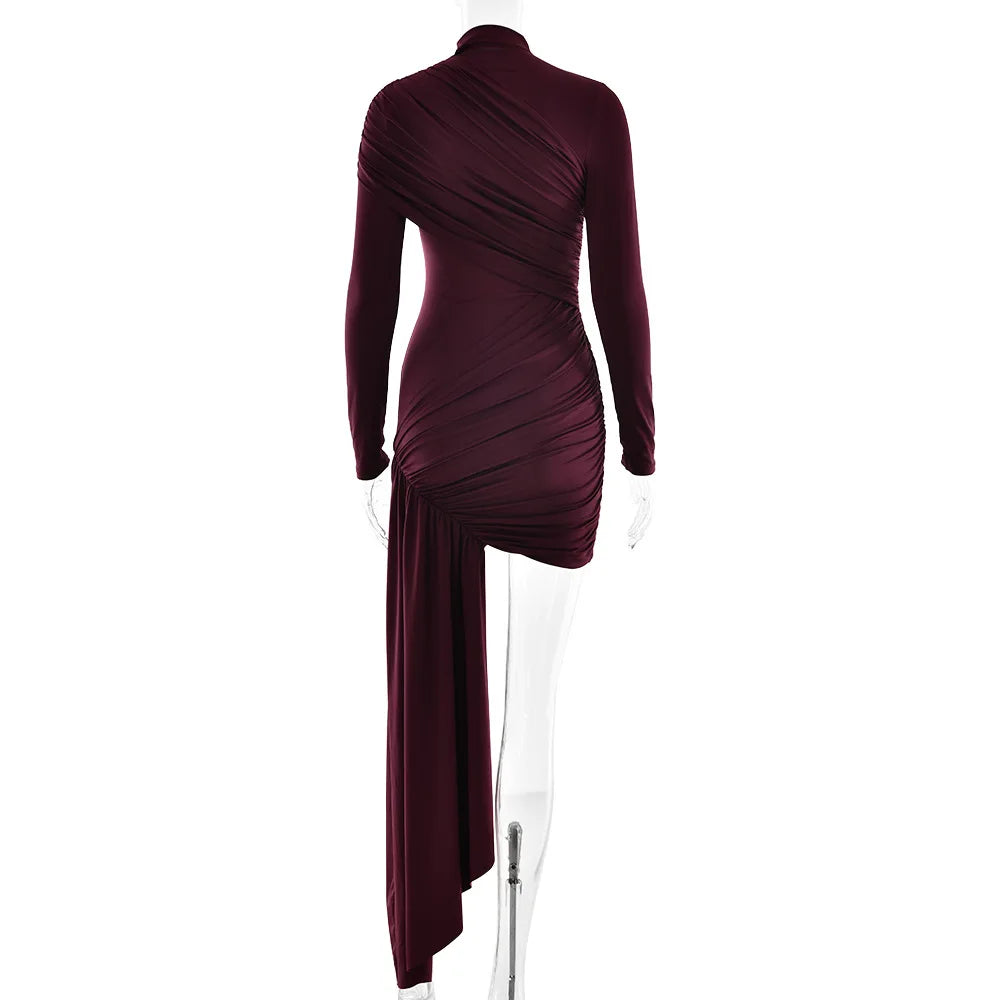 LEILA - שמלת מיני א-סימטרית קפלים שרוול ארוך דרייפ