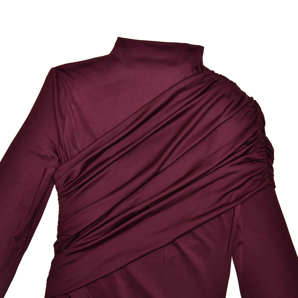 LEILA - שמלת מיני א-סימטרית קפלים שרוול ארוך דרייפ