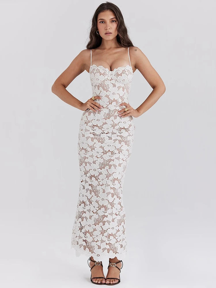 ANITA - שמלת תחרה פרחונית מקסי גב חשוף