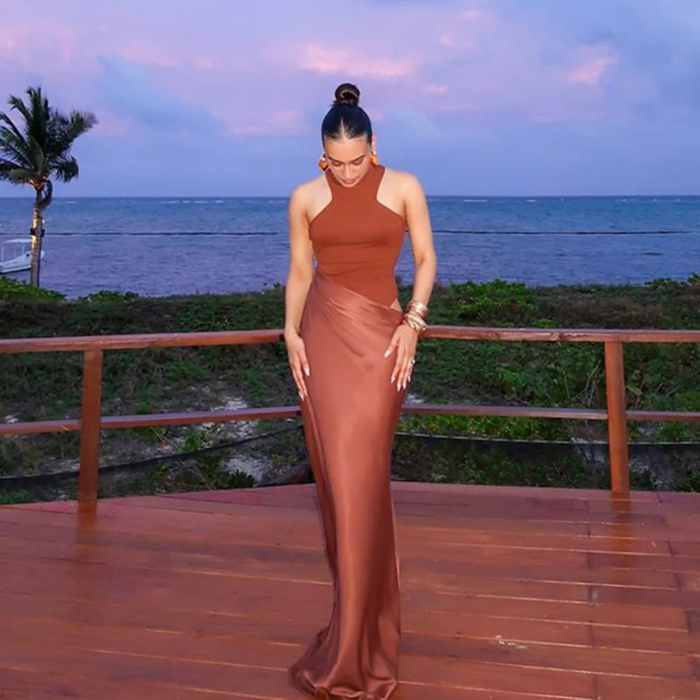 LOTUS - שמלת סאטן מקסי צוואר עגול