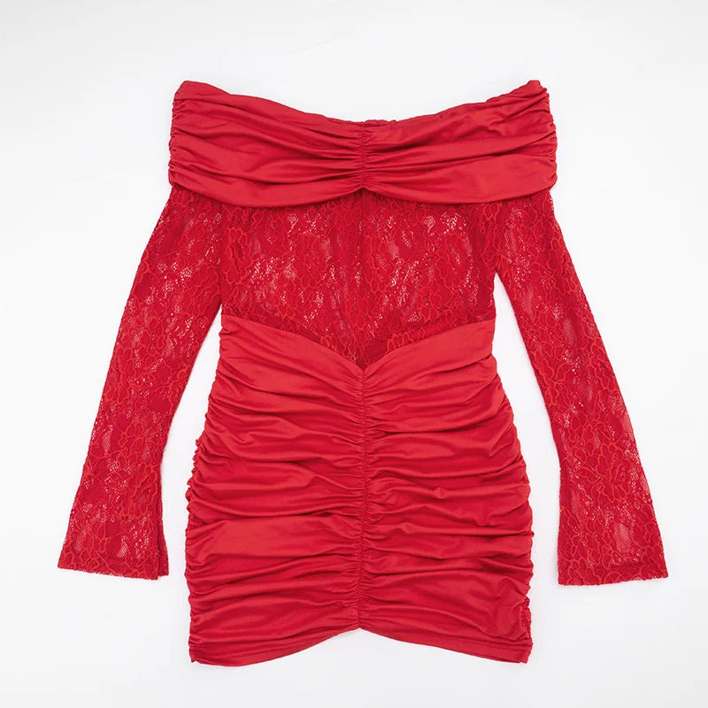 EMBER - שמלת ערב מיני אוף שולדר עם תחרה