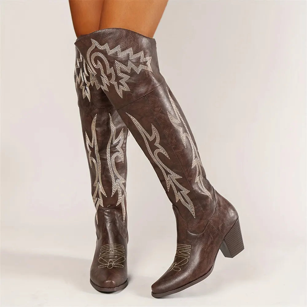 BLAZE - מגפי קאובוי מעל הברך עם רקמה עקב גבוה