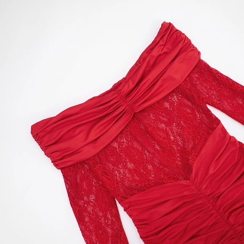 EMBER - שמלת ערב מיני אוף שולדר עם תחרה