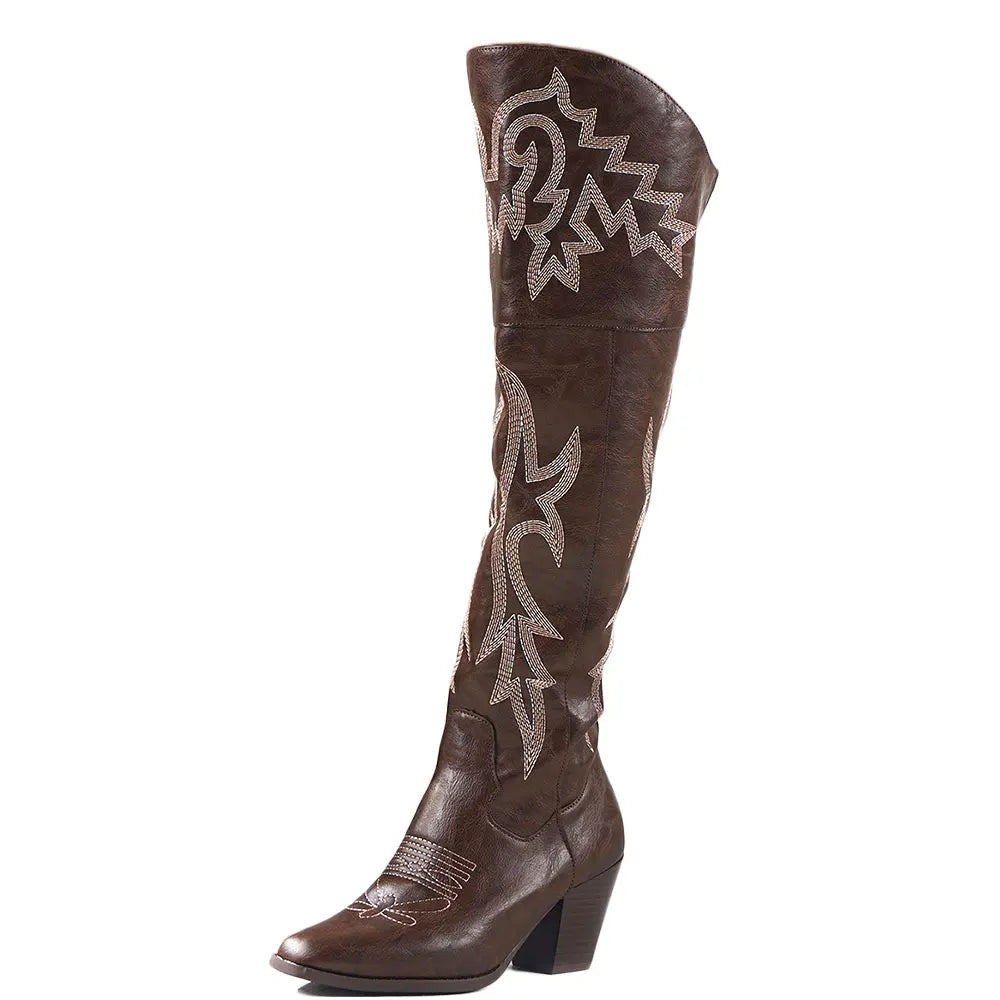 BLAZE - מגפי קאובוי מעל הברך עם רקמה עקב גבוה