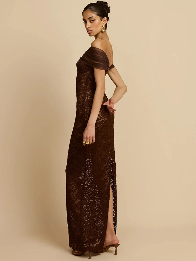 KEIRA - שמלת ערב מקסי אוף שולדר עם תחרה